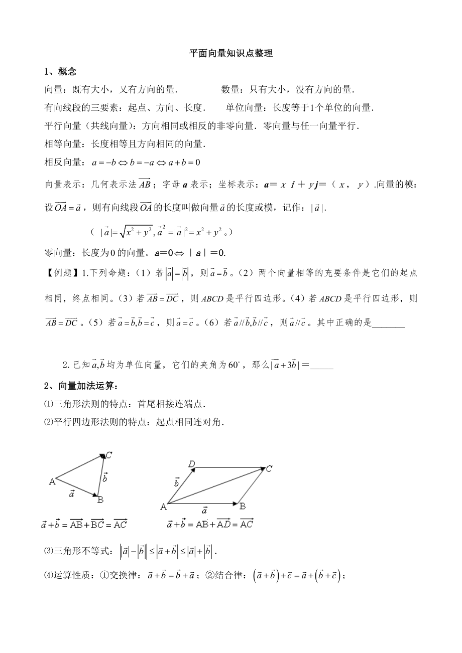 必修四平面向量知识点整理+例题+练习+答案_第1页