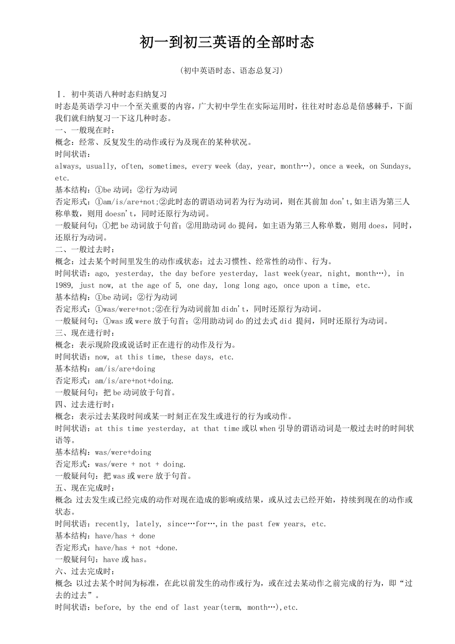 初一到初三英语的全部时态_第1页