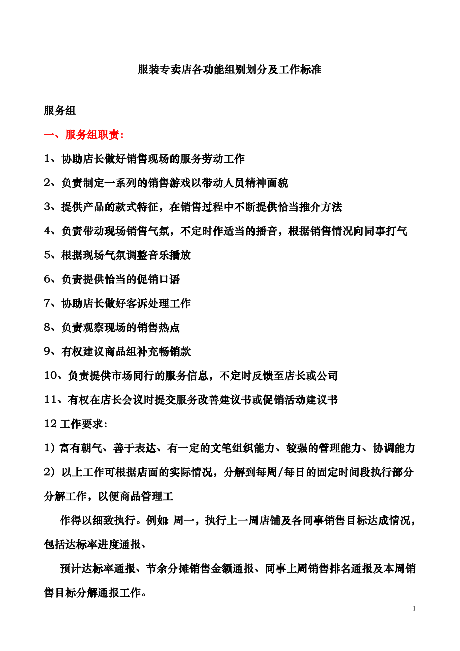 服装专卖店各功能组别划分及工作标准cijj_第1页