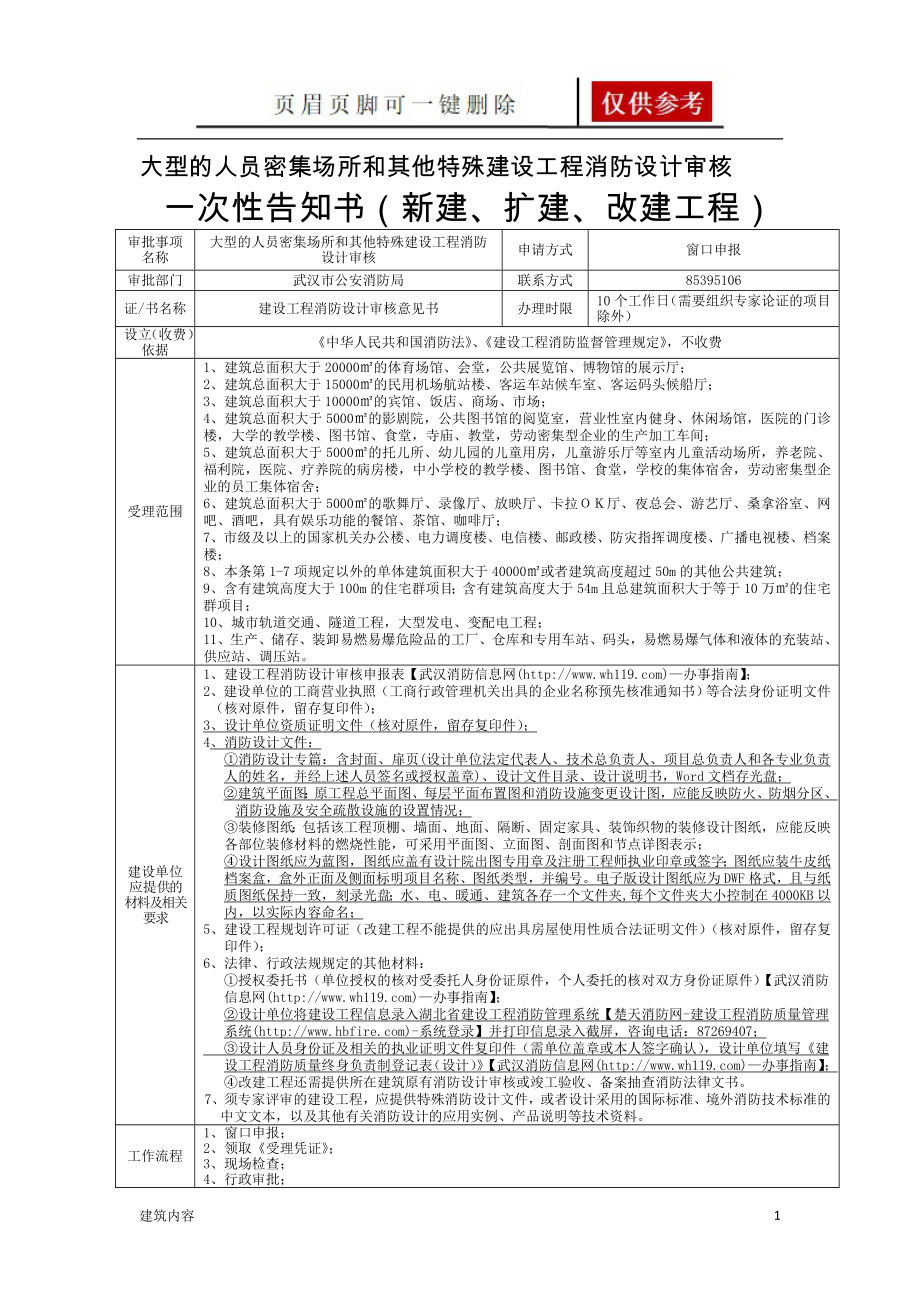 大型的人员密集场所和其他特殊建设工程消防设计审核 一次性告知书(新建、扩建、改建工程)【项目材料】_第1页