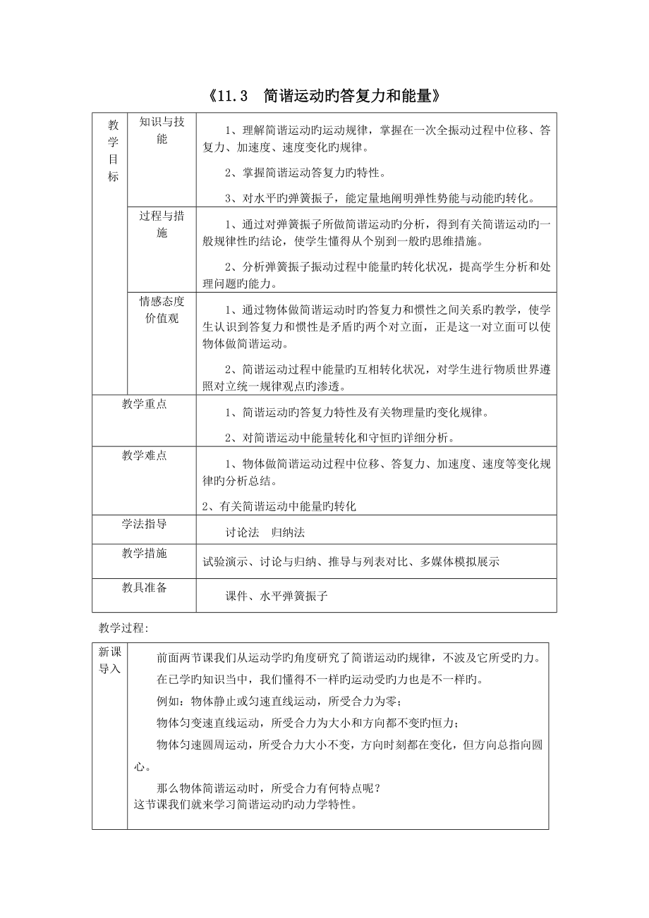 简谐运动的回复力和能量教学设计_第1页
