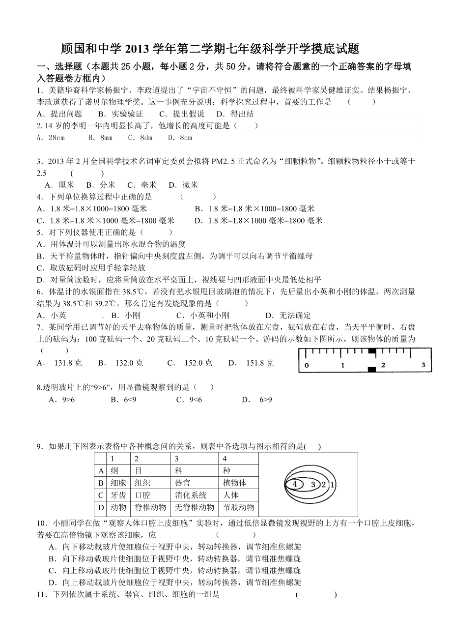 顾国和中学2013学年第二学期七年级科学开学摸底试题_第1页