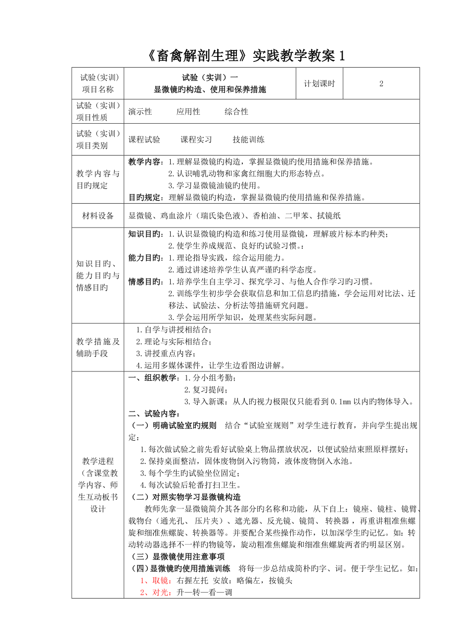 畜禽解剖生理实践教学教案显微镜的构造使用和保养方法_第1页