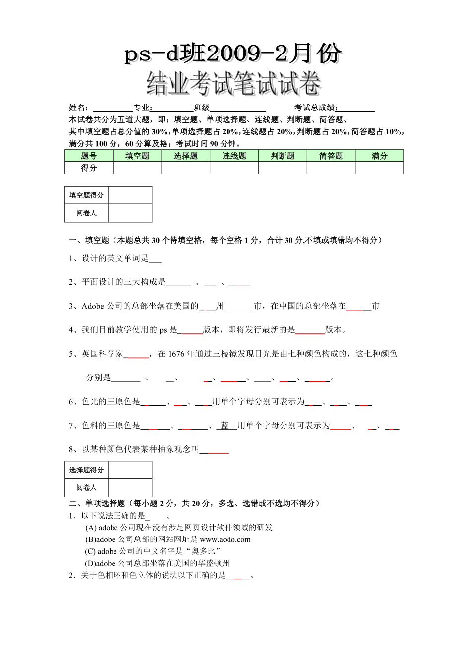 马成功ps-d班ps结业考试试题_第1页