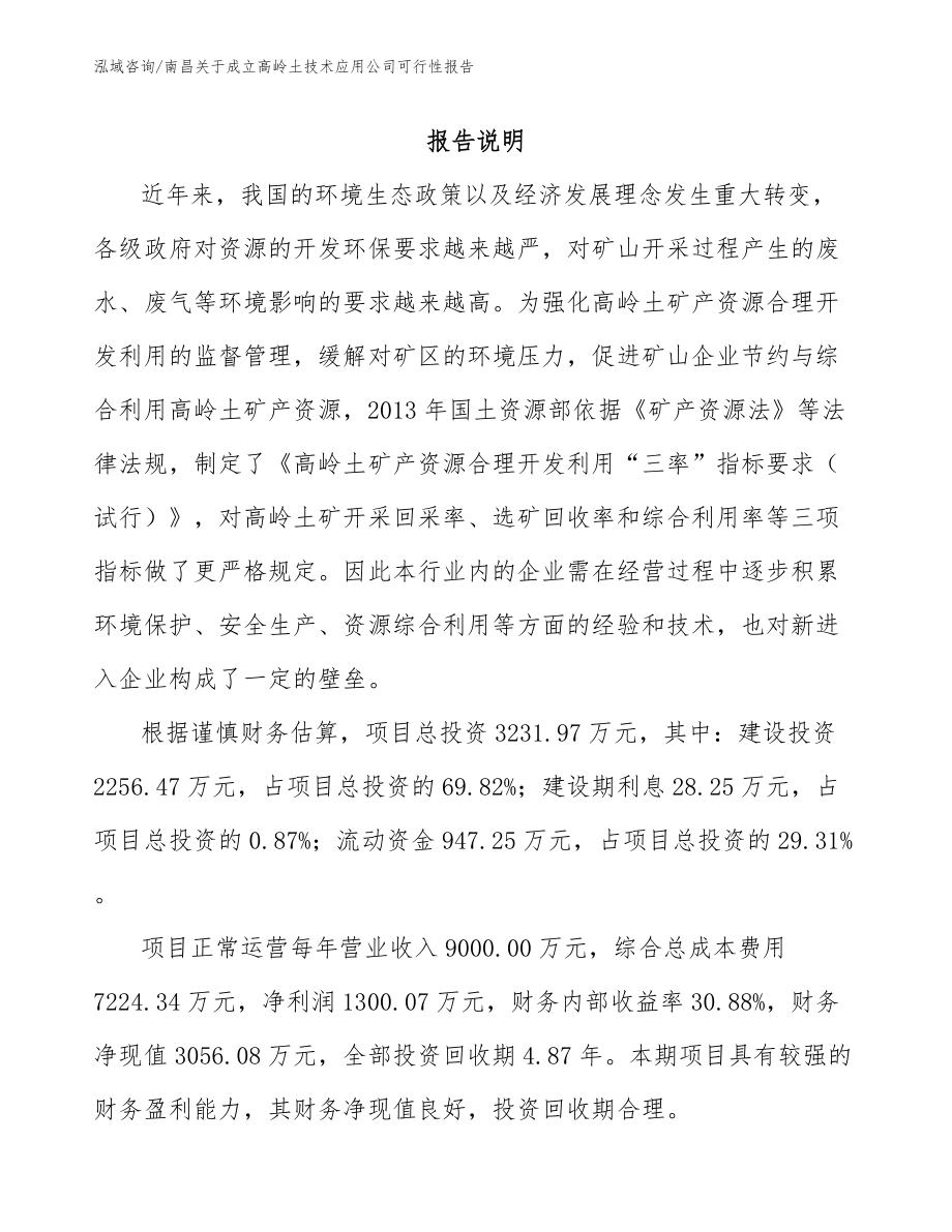 南昌关于成立高岭土技术应用公司可行性报告（模板参考）_第1页