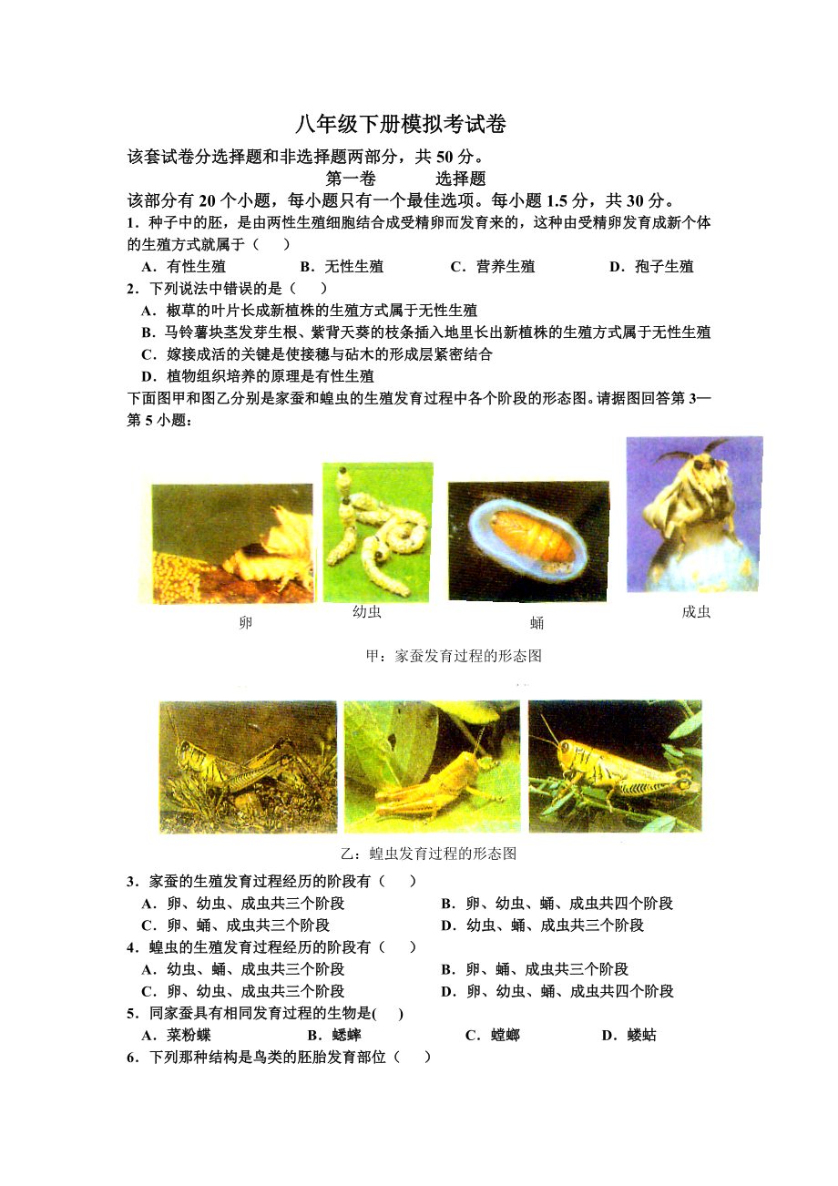 八年级下册生物模拟考试卷_第1页