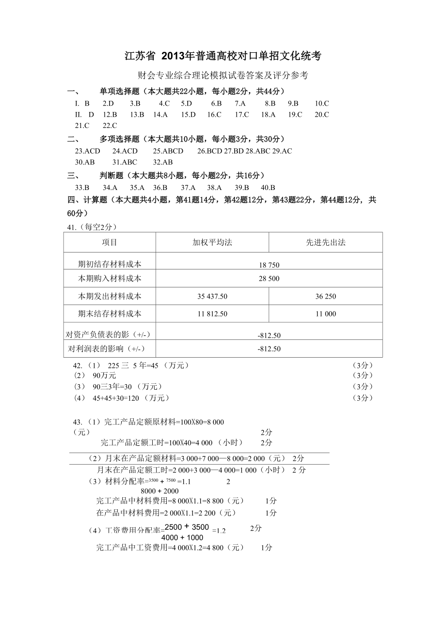 2013江苏对口单招财会综合卷答案_第1页