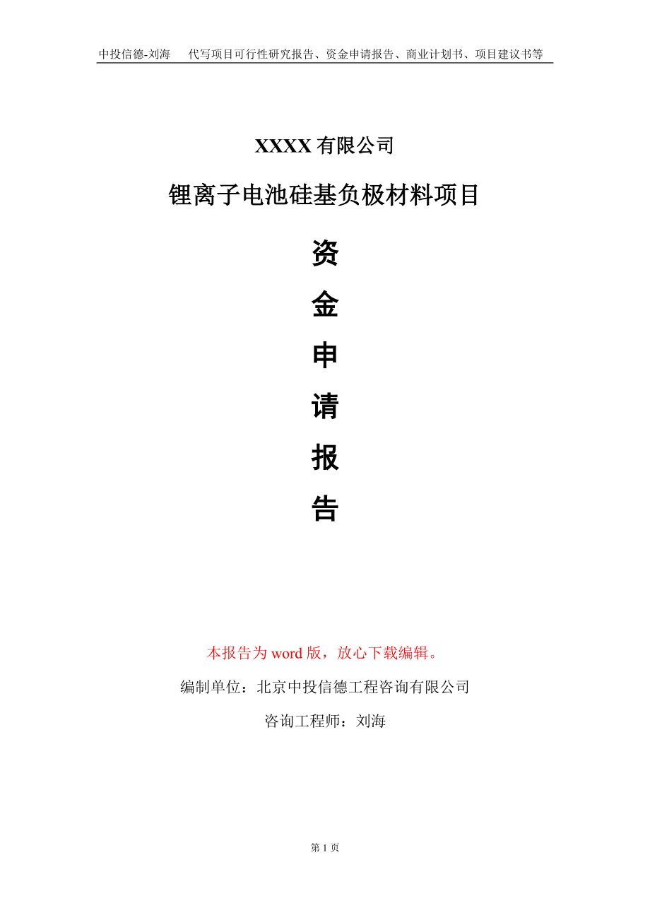 锂离子电池硅基负极材料项目资金申请报告写作模板+定制代写_第1页