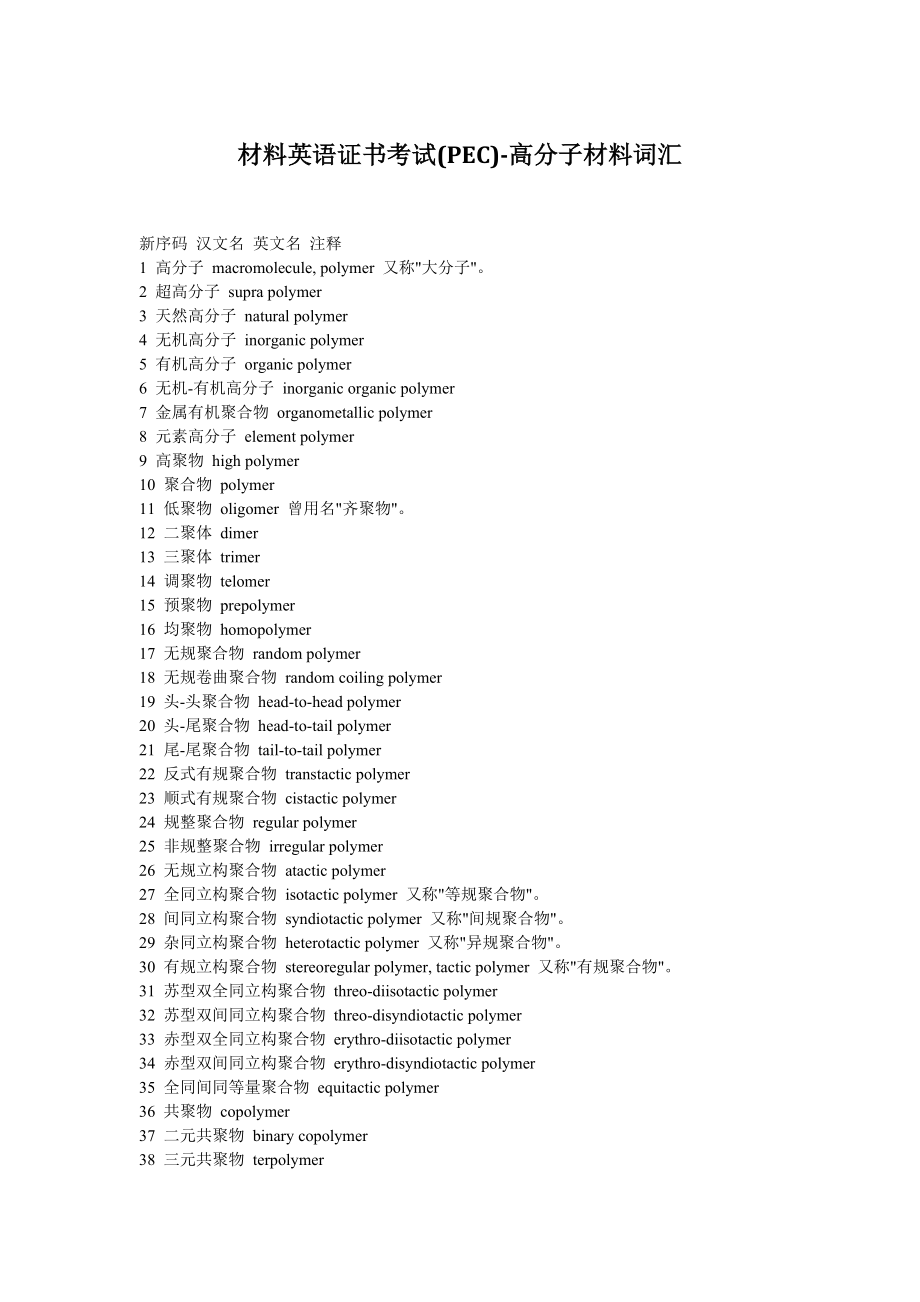 材料英语证书考试PEC-高分子材料词汇_第1页