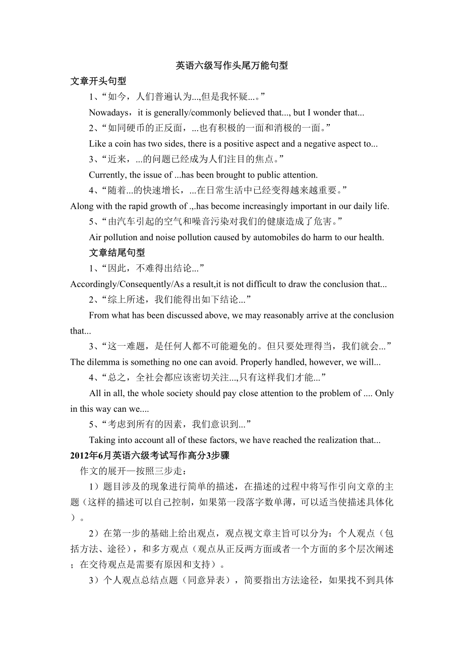 英语六级写作头尾万能句型_第1页
