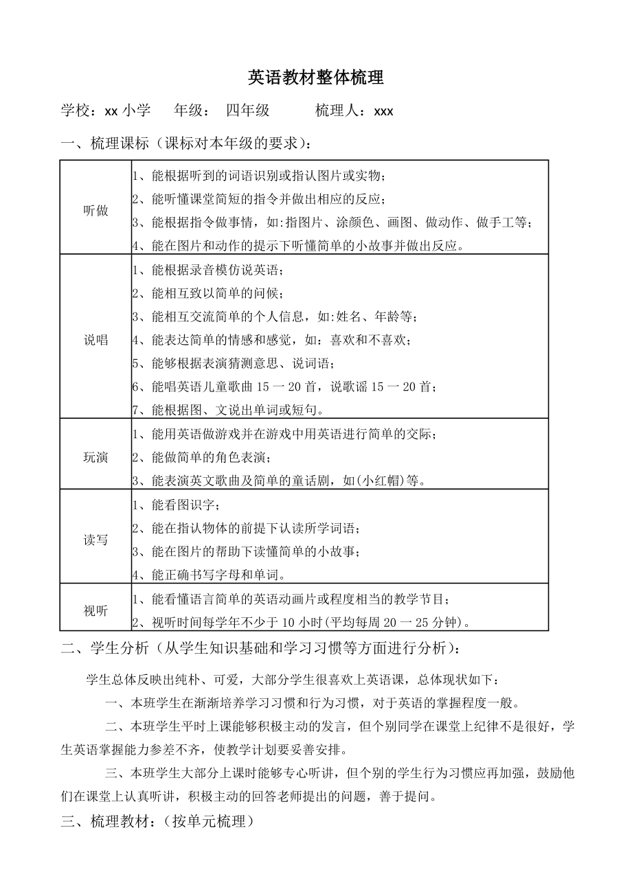 北师大四年级英语上教材梳理_第1页