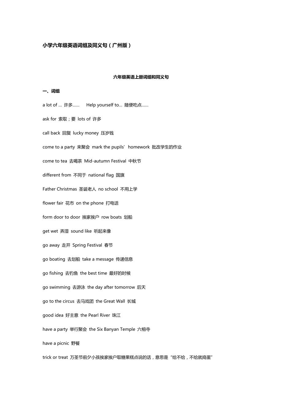 小学六年级英语词组及同义句_第1页