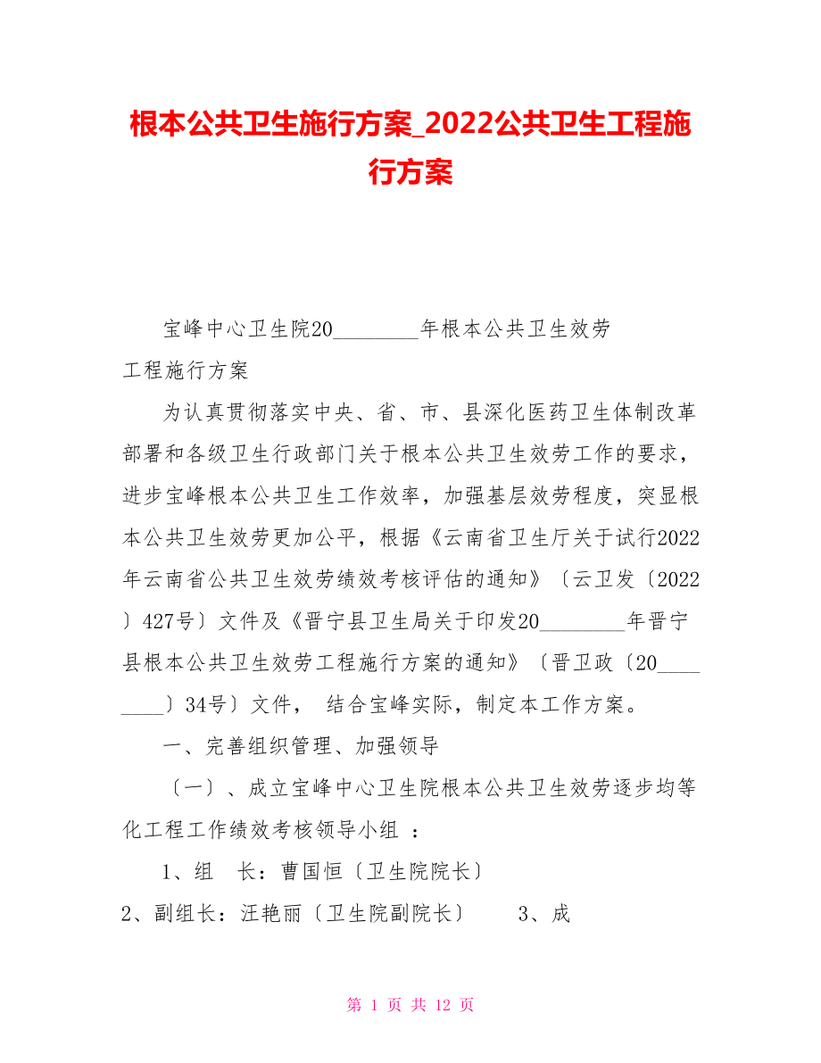 基本公共卫生实施方案2022公共卫生项目实施方案_第1页