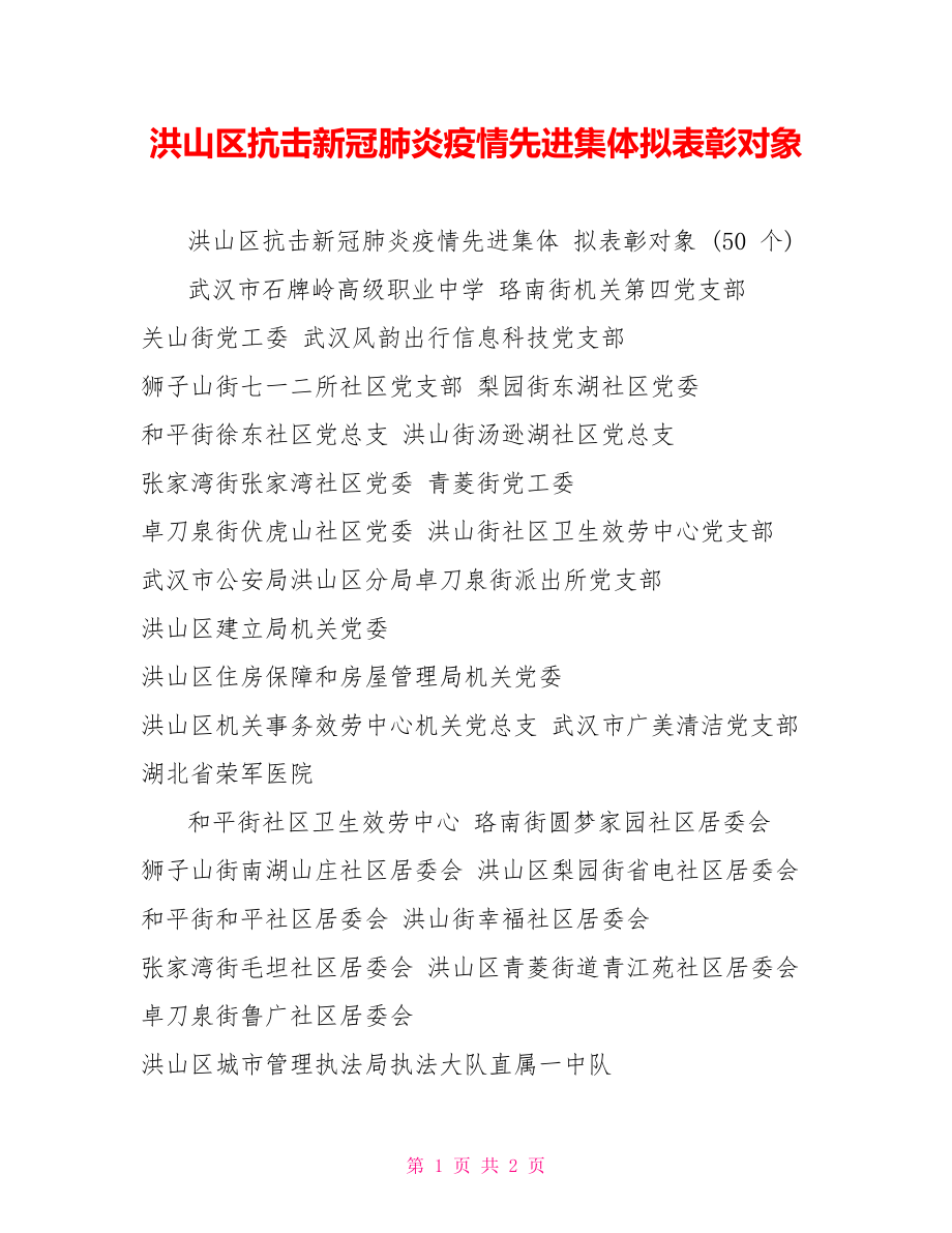洪山区抗击新冠肺炎疫情先进集体拟表彰对象_第1页