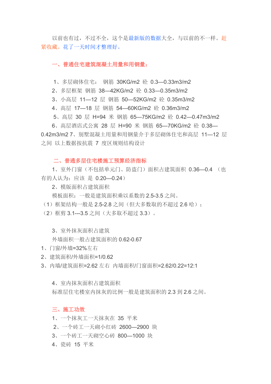 常用建筑工程数据大全(成本、造价)_第1页