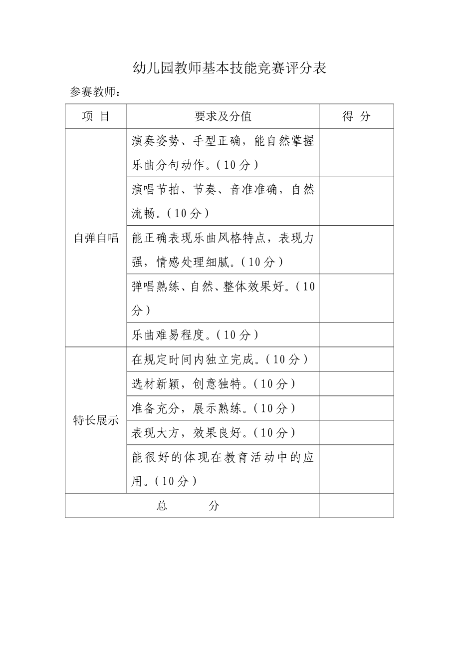 幼儿园教师基本技能竞赛评分表_第1页