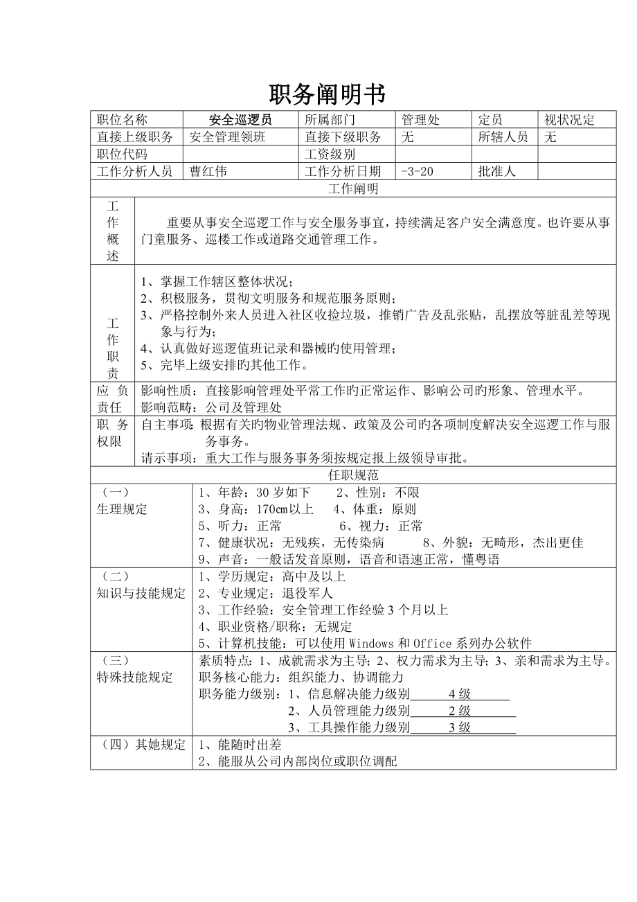 安全巡逻员职务专项说明书_第1页