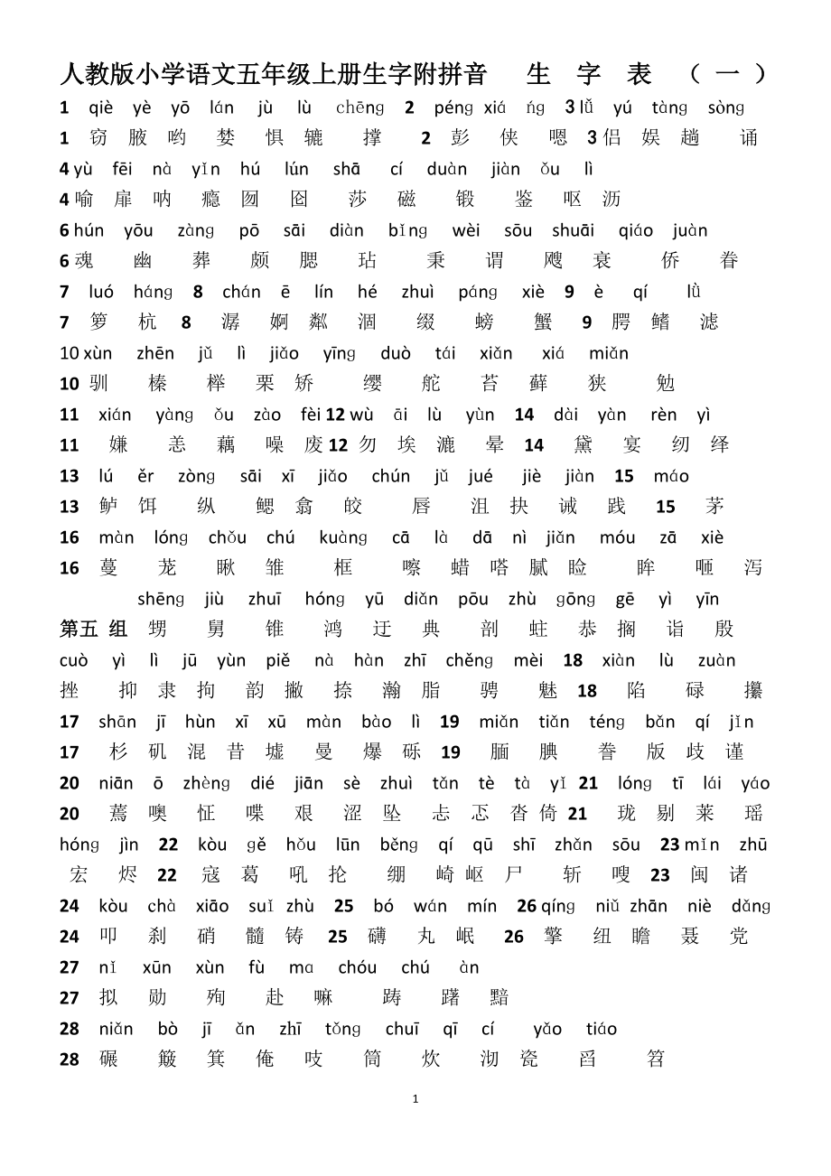 五年级上册生字附拼音_第1页