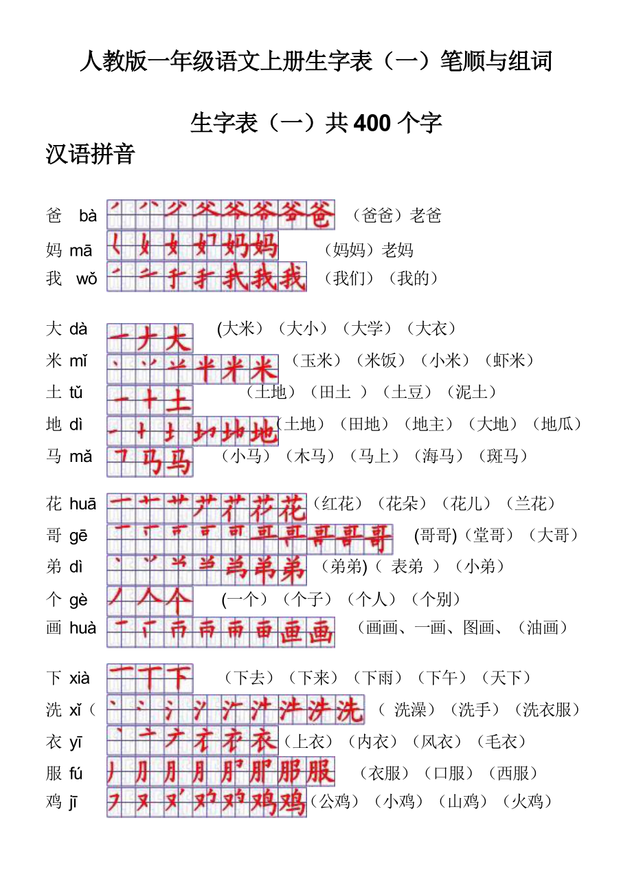 一年级生字表笔顺组词_第1页