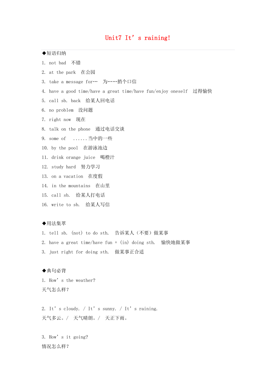 2019年七年级英语下册Unit7It’sraining知识点总结新版人教新目标版_第1页