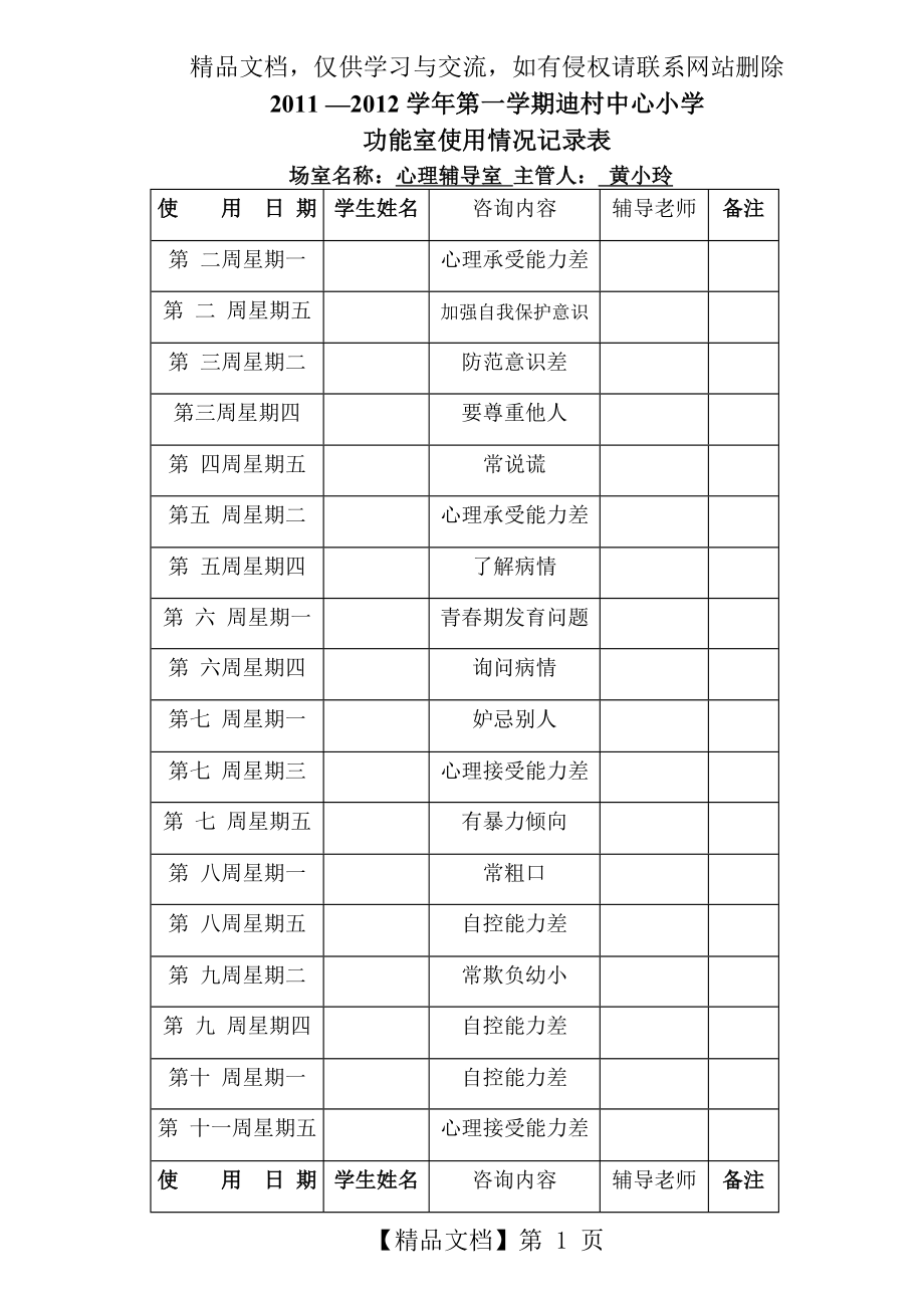 心理辅导室使用记录表_第1页