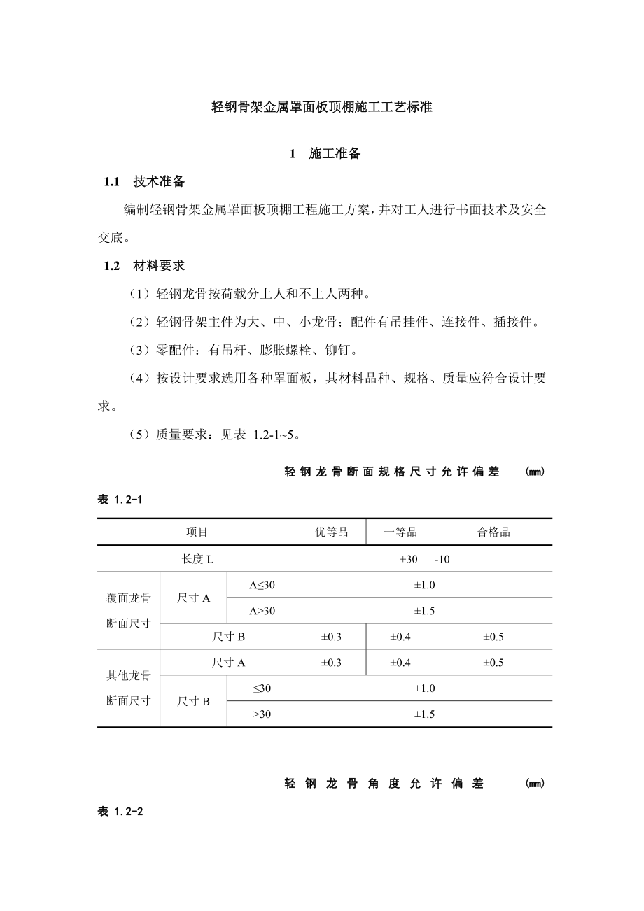轻钢骨架金属罩面板顶棚施工工艺标准_第1页