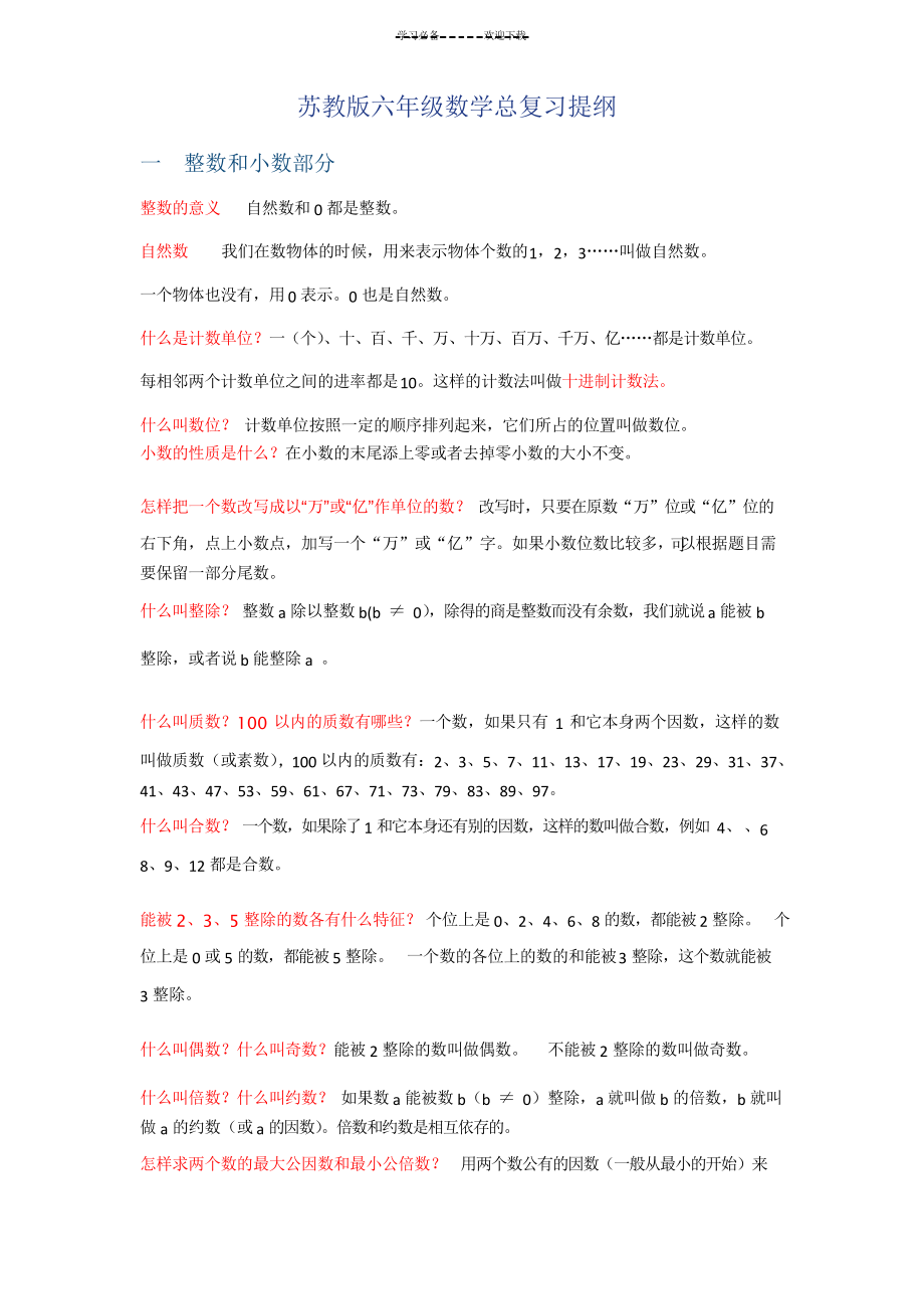 苏教版六年级数学总复习提纲_第1页