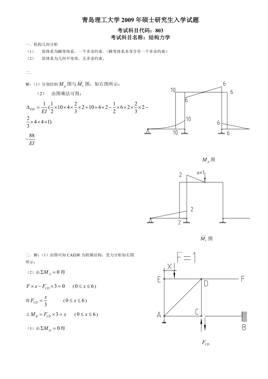 青岛理工大学研究生入学考试803结构力学真题答案_第1页
