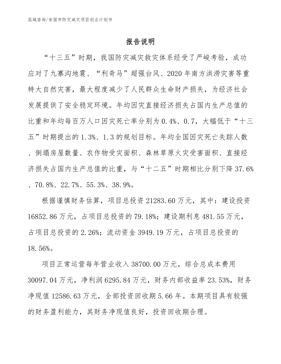 安国市防灾减灾项目创业计划书参考模板_第1页