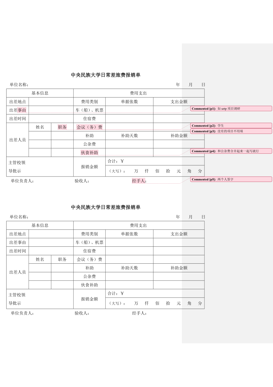 中央民族大学日常差旅费报销单_第1页