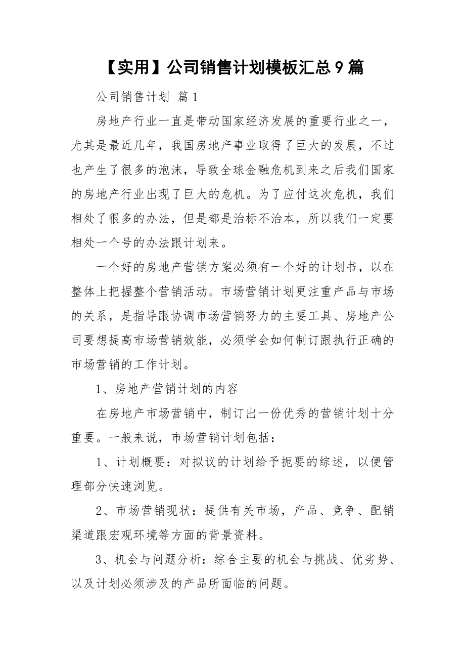实用公司销售计划模板汇总9篇_第1页