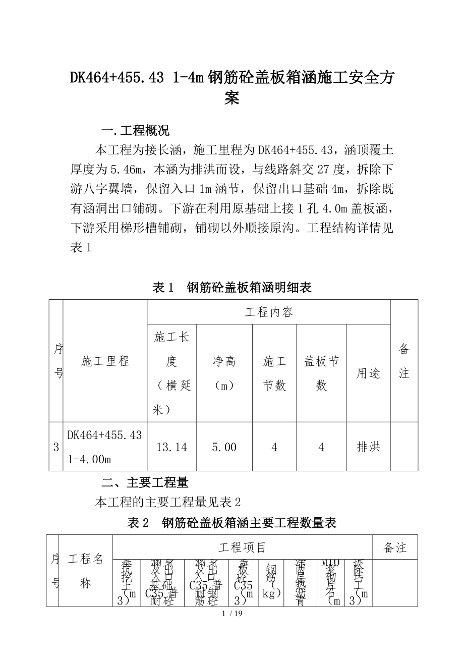 DK464+4554314m钢筋砼盖板箱涵施工安全方案_第1页