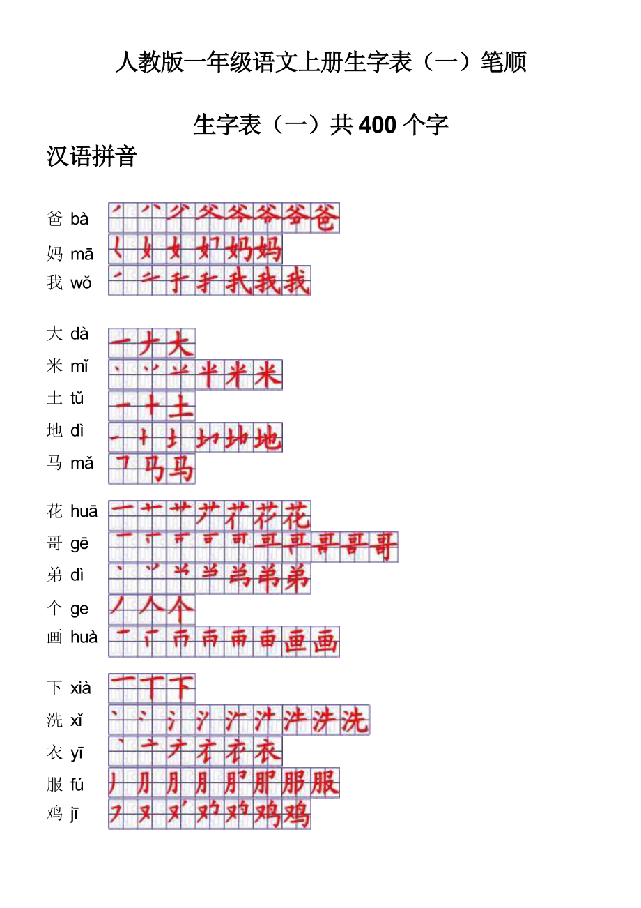 人教版一年级语文上册生字表一笔顺_第1页