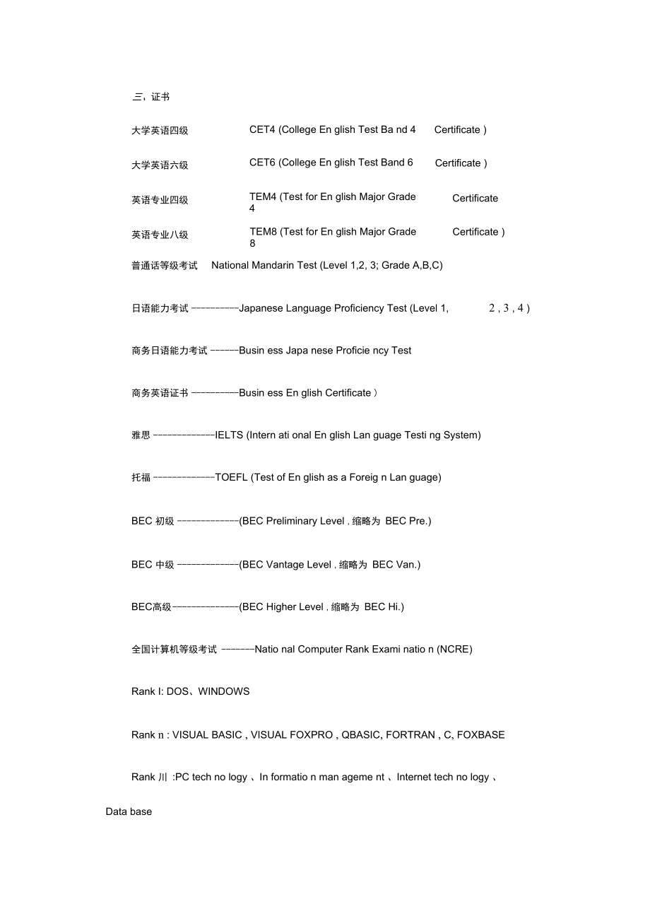 各种证书中英文对照_第1页