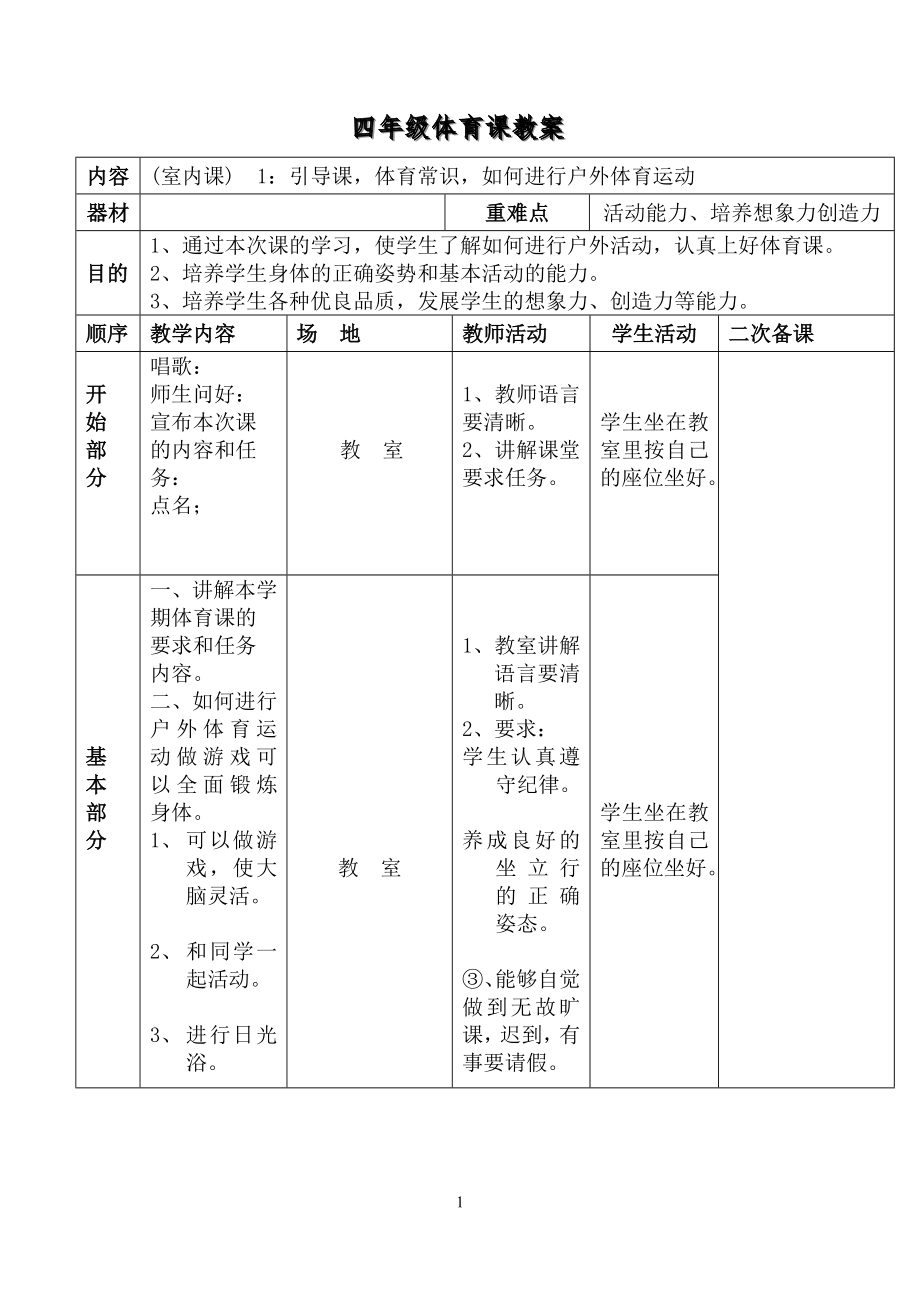 小学四年级下册体育表格式教案_第1页