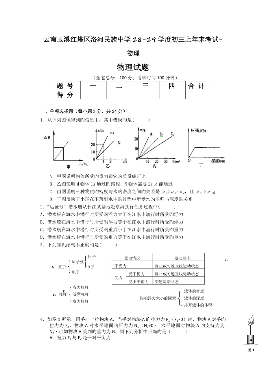 云南玉溪红塔区洛河民族中学1819学度初三上年末考试物理_第1页