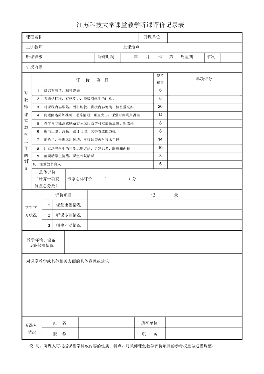 江苏科技大学课堂教学听课评价记录表-江苏科技大学-张家港_第1页