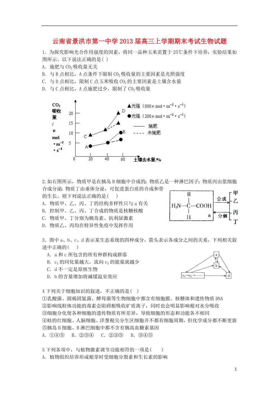 云南省景洪市高三生物上学期期末考试试题无答案新人教版_第1页
