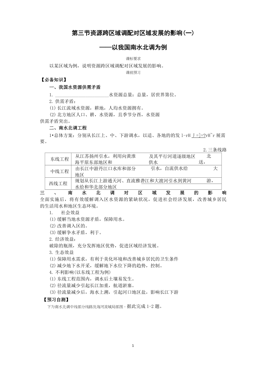 3.3资源跨区域调配对区域发展的影响(一)导学案鲁教版(2019)高中地理选择性必修2_第1页