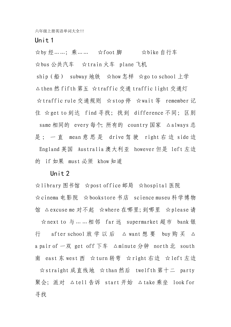 六年级上册英语单词大全_第1页