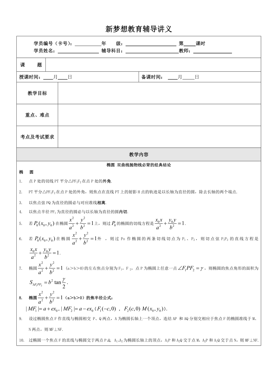椭圆双曲线抛物线必背的经典结论_第1页