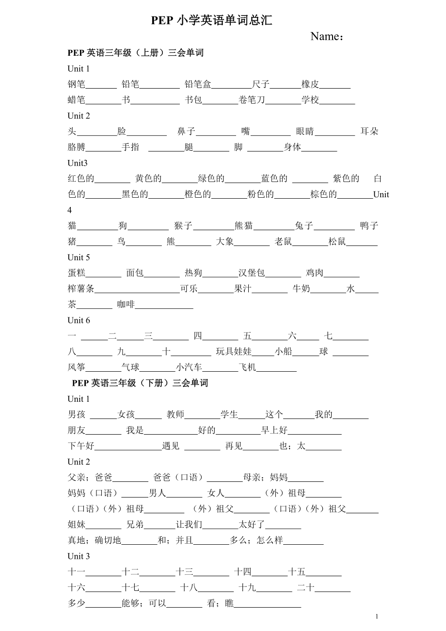 PEP小学英语毕业必备单词表汇总(按年级分)(学生默写版)_第1页