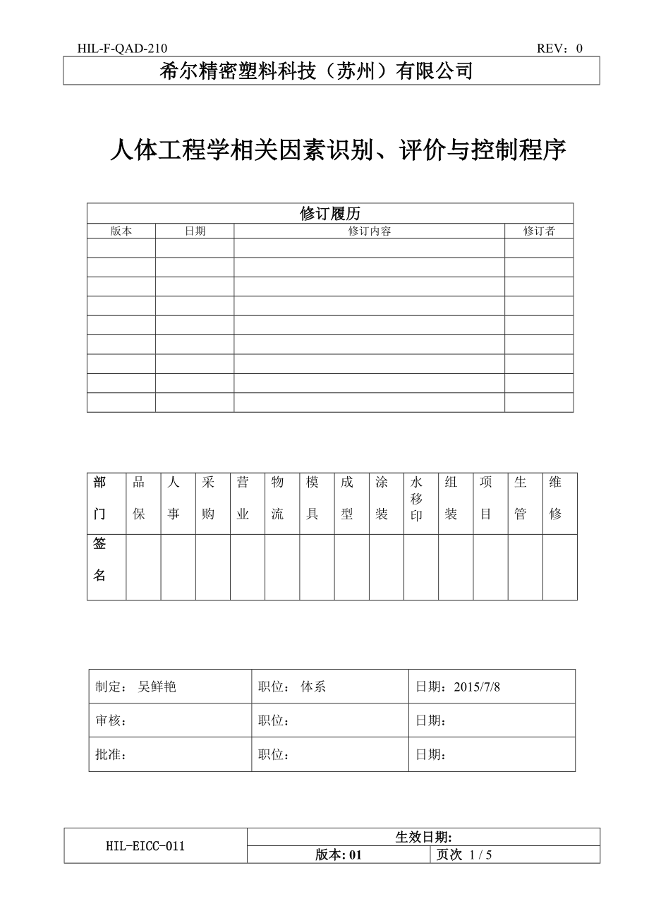 HIL-EICC-011 人体工程学相关因素识别、评价与控制程序_01_第1页
