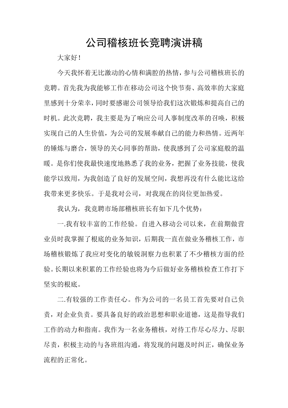公司稽核班长竞聘演讲稿_第1页