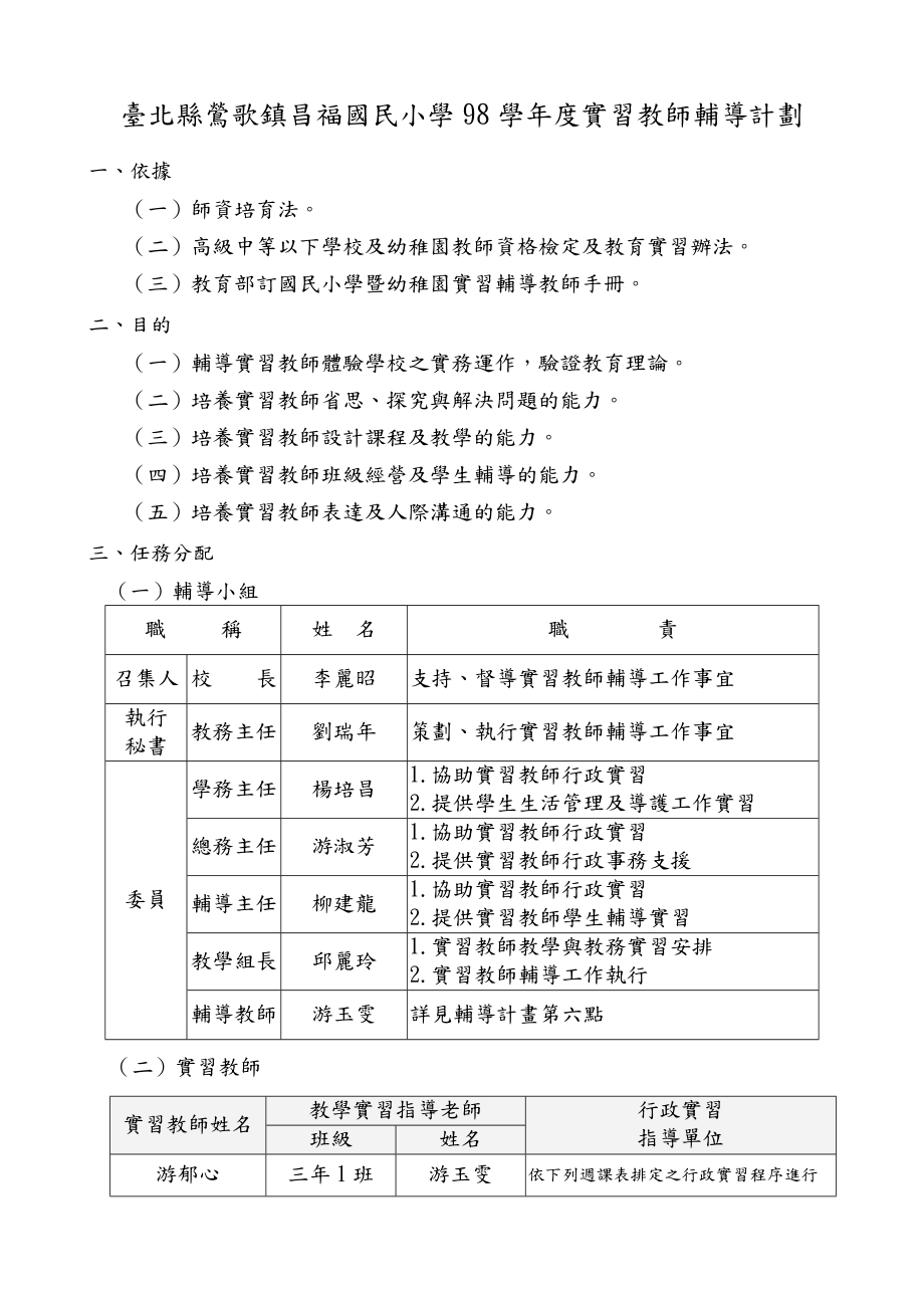 [所有分类]台北县莺歌镇昌福国民小学98学实习教师计划_第1页
