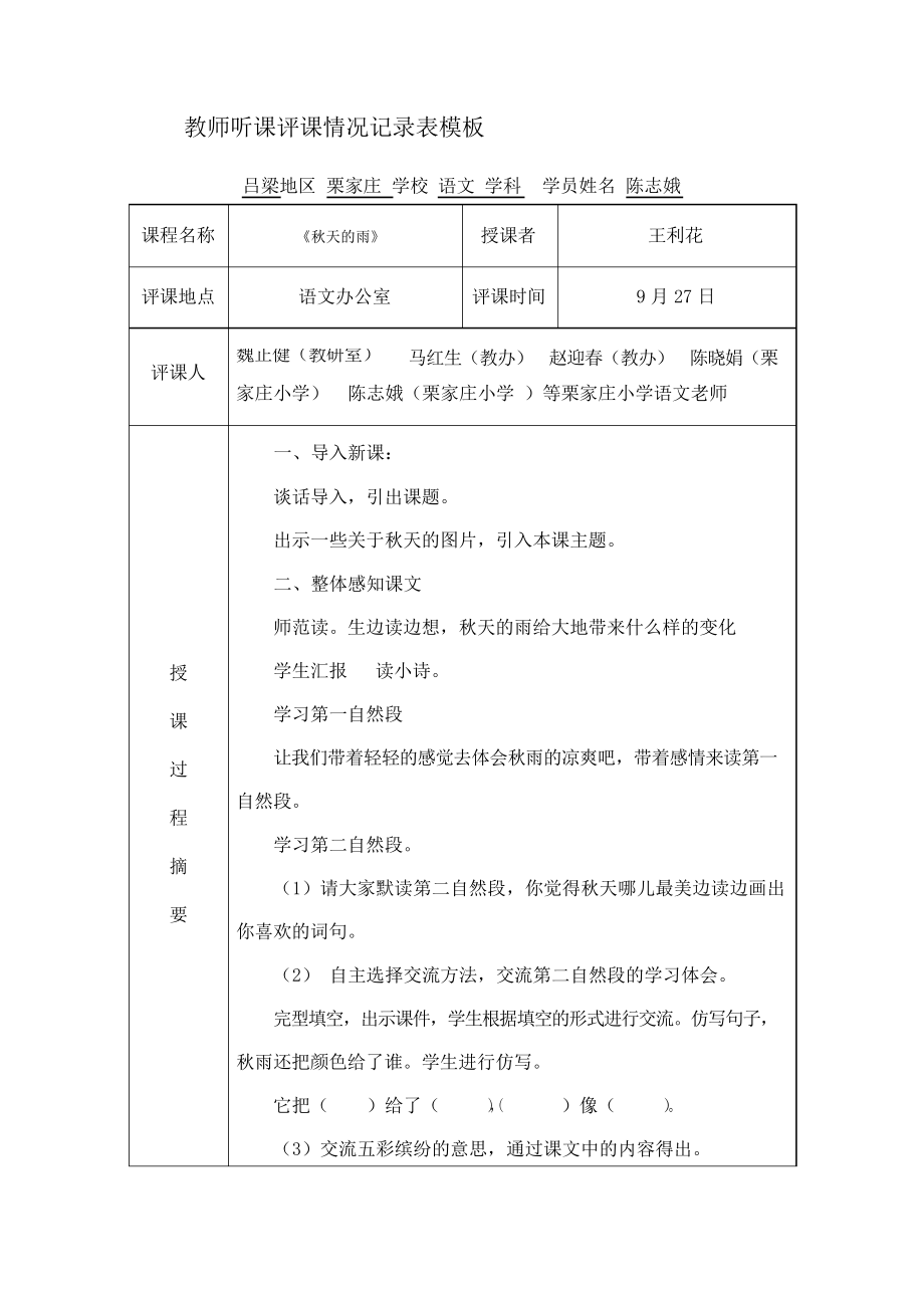 教师听课评课情况记录表模板_第1页