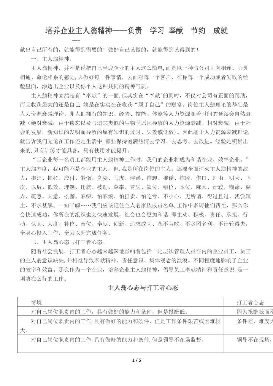 培养企业主人翁精神——负责-学习-奉献-节约-成就_第1页