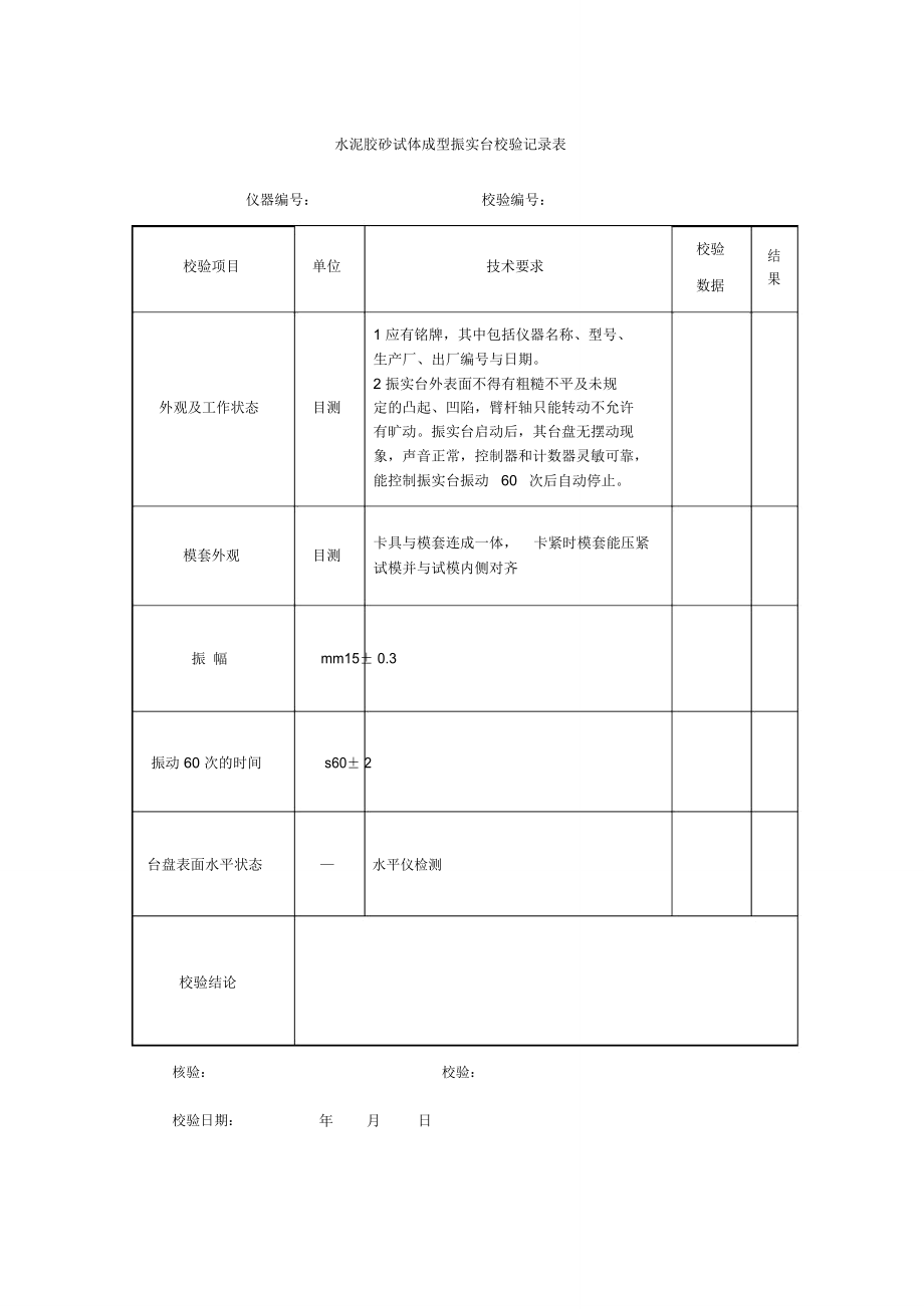 水泥胶砂试体成型振实台校验记录表_第1页