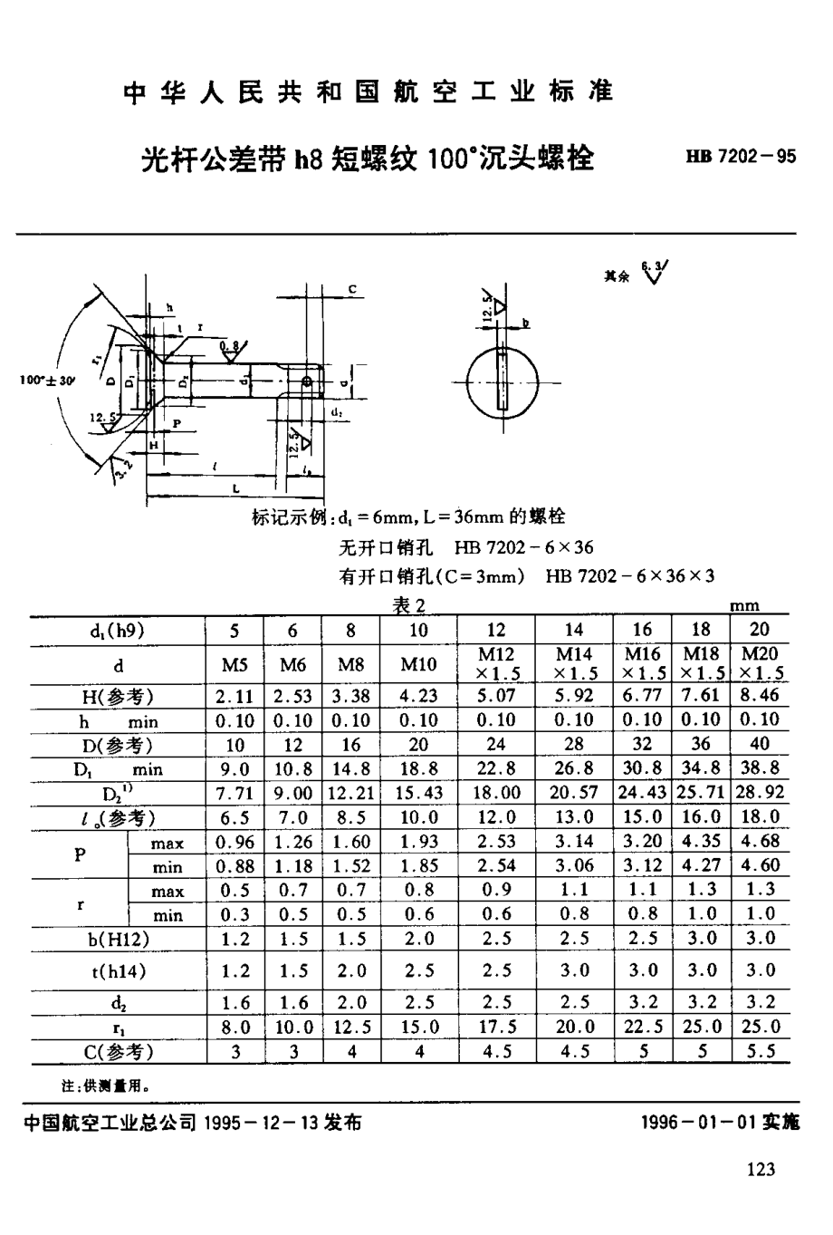 【HB航空标准】HB 72021995 光杆公差带h8短螺纹100176;沉头螺栓_第1页