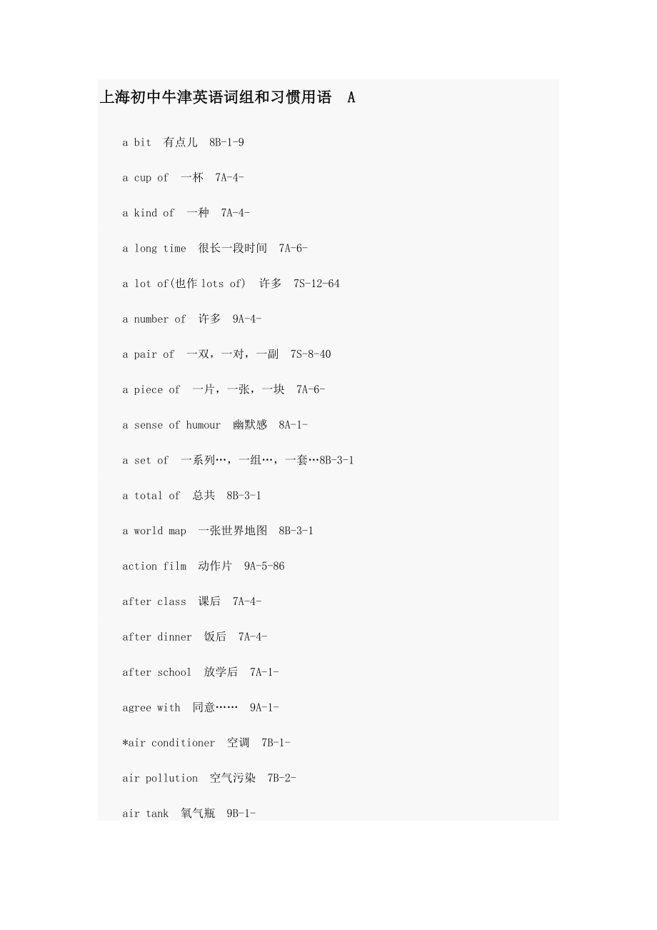 上海初中牛津英语词组和习惯用语_第1页